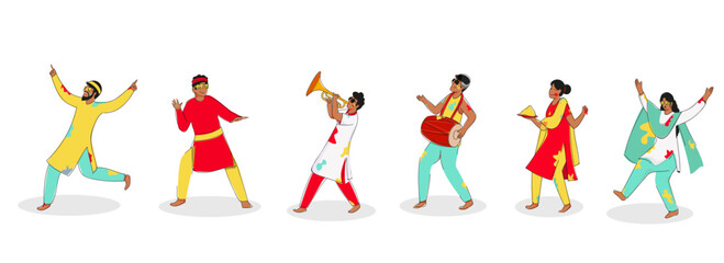 Indian People Enjoying And Celebrating Festival Of Colors On White Background.