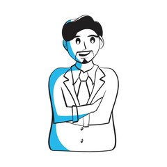 Doodle Linear Style Mustache Businessman Folding Hand In Standing Pose Over White Background.