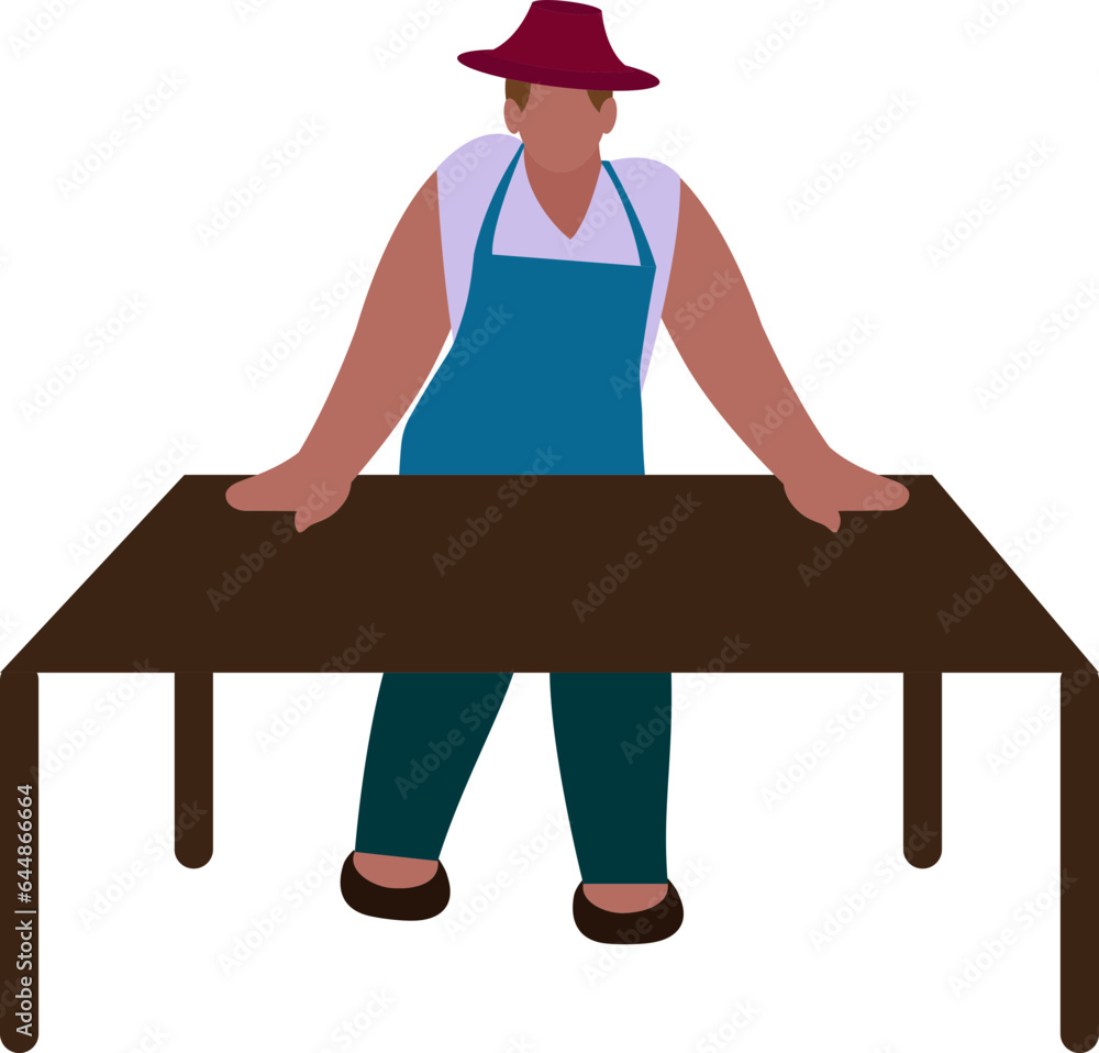 Sticker faceless grocery male worker standing with brown table illustration.