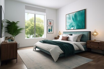 Bright bedroom with artwork, nightstand, tropical view, wooden floor, carpet, and empty wall. Generative AI