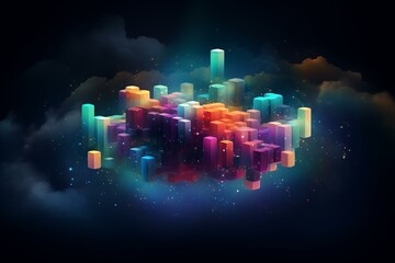 Abstract design of square shape clouds with colorful particles exploding, mystery outer concept over dark background with glowing geometric design. Generative AI