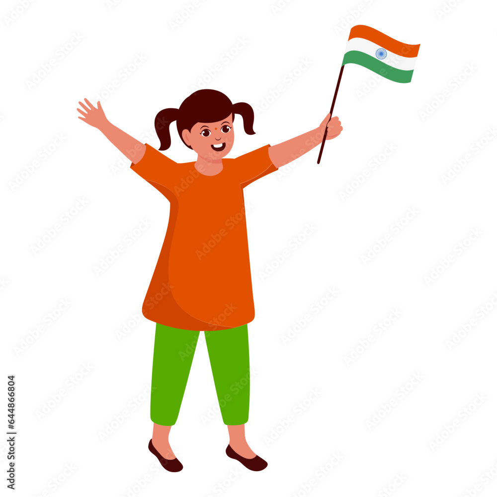 Sticker  Young Girl Holding India Flag Against White Background.