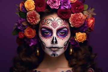 Cute brunette with death day makeup art and flowers on purple background. Death day holiday concept.
