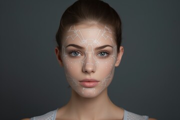 Concept of plastic surgery. Portrait of a young girl with plastic surgery markings on her face, close-up. - obrazy, fototapety, plakaty