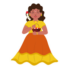 Cute South Indian Girl Holding Flower Basket On White Background.