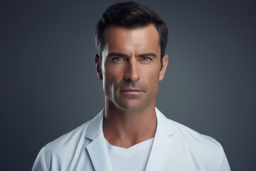 Obraz premium Male portrait of a serious looking doctor in white coat on gray background.