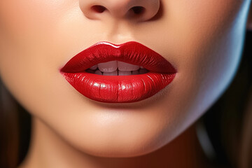 Obraz premium Beautiful lip makeup with red lipstick close-up.