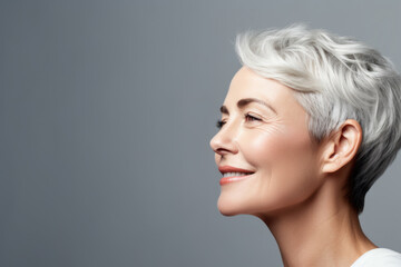 Portrait of a fifty year old woman with rejuvenated face in profile with copy space. Concept of rejuvenation.