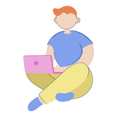 Faceless Young Boy Using Laptop On White Background.