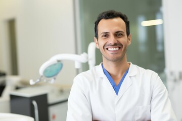Male portrait of a smiling brazilian dentist doctor against the background of a dental office.