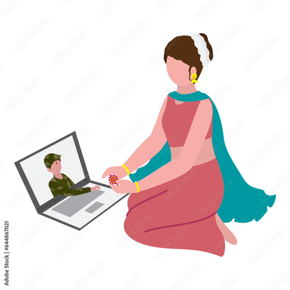 Wall mural Faceless Indian Teenager Girl Tying Rakhi At Her Brother Through Laptop On White Background.