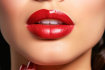 Obraz premium Beautiful lip makeup with red lipstick close-up.
