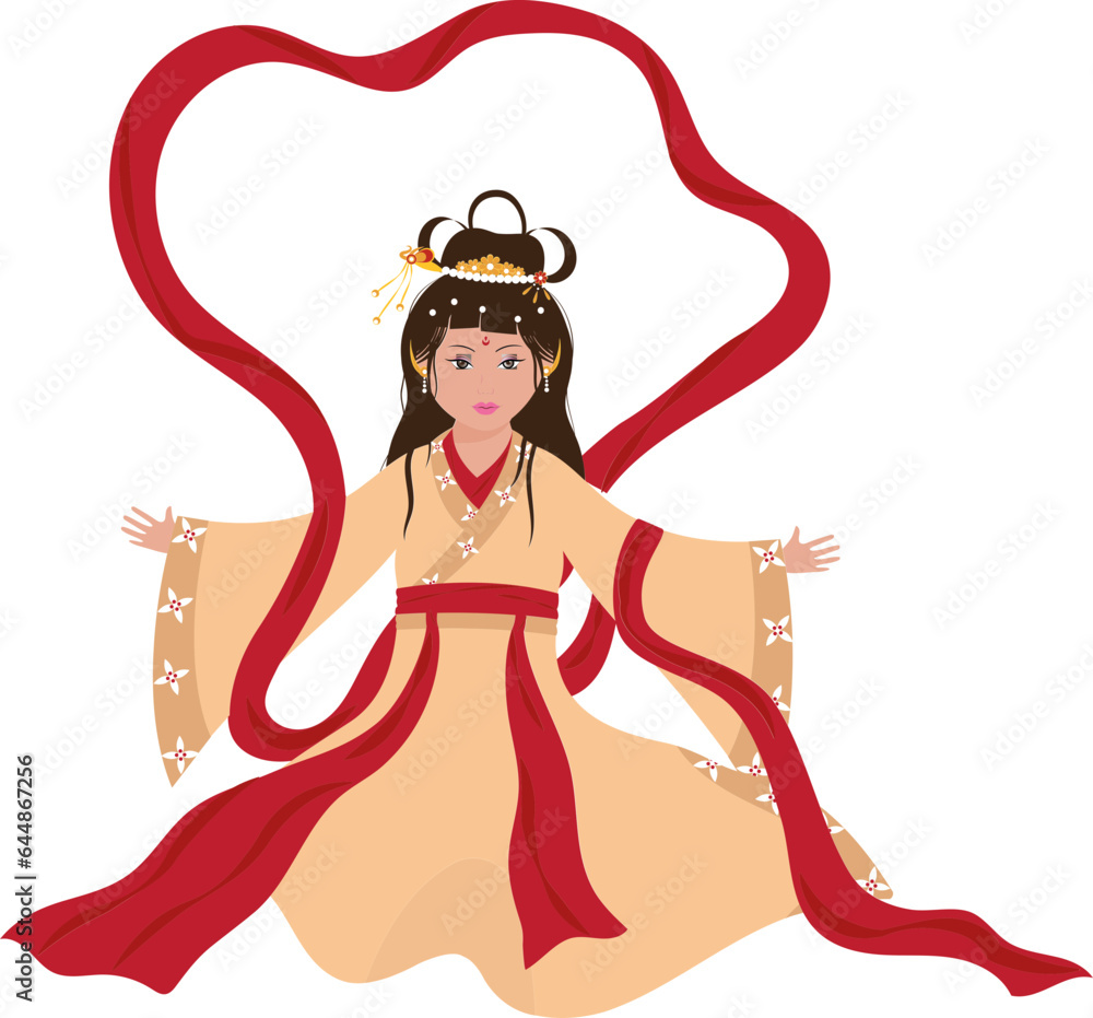 Sticker Character Of Chinese Goddess Wearing Costume In Red And Peach Color.