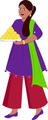 Happiness Teenager Girl Holding Plate Of Indian Sweet (Laddu) In Standing Pose.