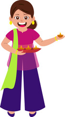 Fototapeta premium Cheerful Girl Holding Plate Of Lit Oil Lamps (Diya) In Standing Pose.