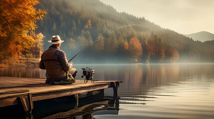 a old man in his fifties sitting on a dock, fishing at a scenic lake.