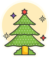 Decorated Xmas Tree Colorful Sticker Or Icon In Flat Style.