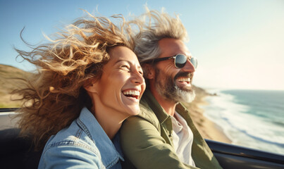 Happy smile aged couple man and woman traveling in car convertible the coast on summer sunny day.	