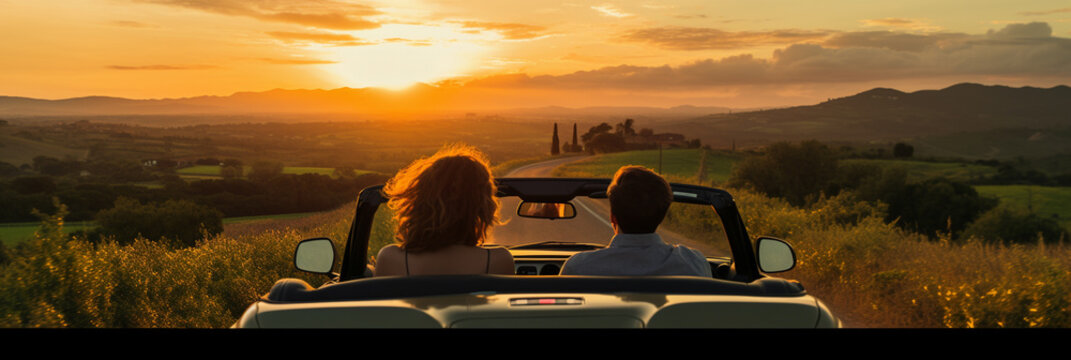 Happy couple man and woman traveling in car Italian Tuscan Landscape view under sunset light. Man and Woman traveler enjoys convertible on a summer day.