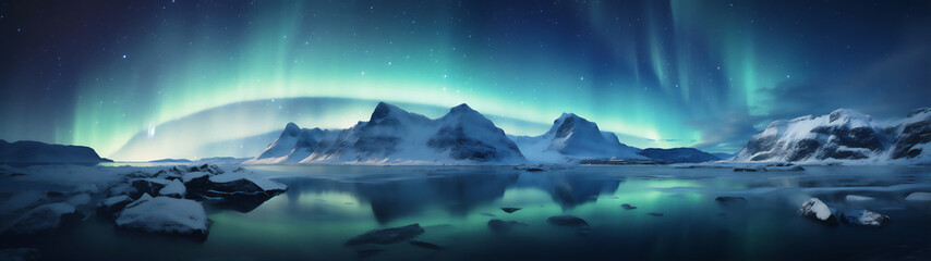 a scenic view from in north pole at the night, sky with aurora, polar bear at the lake, reflection, dramatic light and shadows, create using generative AI tools