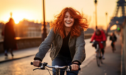 Cheerful Happy young woman with red hair riding bicycle in Paris near the Eiffel Tower, Travel to...