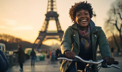 Foto auf Acrylglas Eiffelturm Cheerful Happy young black woman riding bicycle in Paris near the Eiffel Tower, Travel to Europe, Famous popular tourist place in world.
