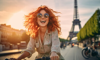 Fototapeta na wymiar Cheerful Happy young woman riding bicycle in Paris near the Eiffel Tower, Travel to Europe, Famous popular tourist place in world.