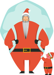 Santa Claus Wearing Big Bag With Child Standing On White Background.