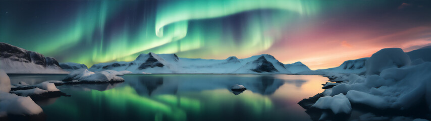 a scenic view from in north pole at the night, sky with aurora, polar bear at the lake, reflection, dramatic light and shadows, create using generative AI tools - obrazy, fototapety, plakaty