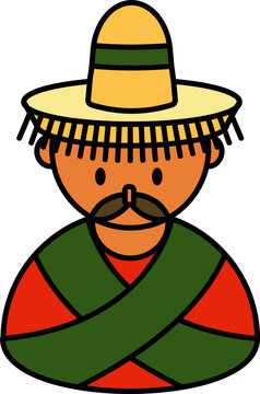 Mustache Man Wearing Mexican Traditional Dress Colorful Icon.