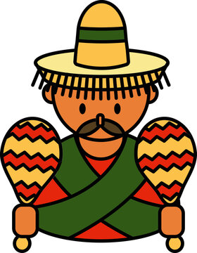 Cartoon Character Of Mariachi Man Holding Maracas Colorful Icon.
