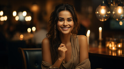 Fototapeta na wymiar Seated in a luxurious restaurant, a delightful young woman savors her lunch or dinner with obvious pleasure