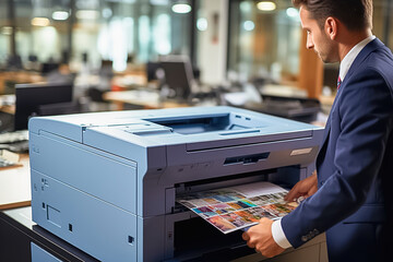 A man in a suit prints on an office printer.