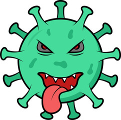 Flat Illustration Of Tongue Out Virus Cartoon Face Green Icon.