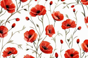 Red poppy watercolor pattern on white background. Generative AI