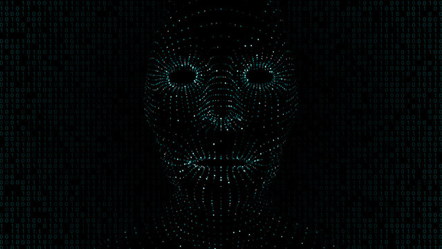 Front view of virtual robot head formed by green dots against binary code background. 3D Illustration