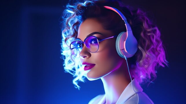 Fashionable person high schooler beautiful design young lady show wear in vogue glasses earphones appreciate tune in modern cool music blend stand at purple studio foundation in vogue 80s 90s 