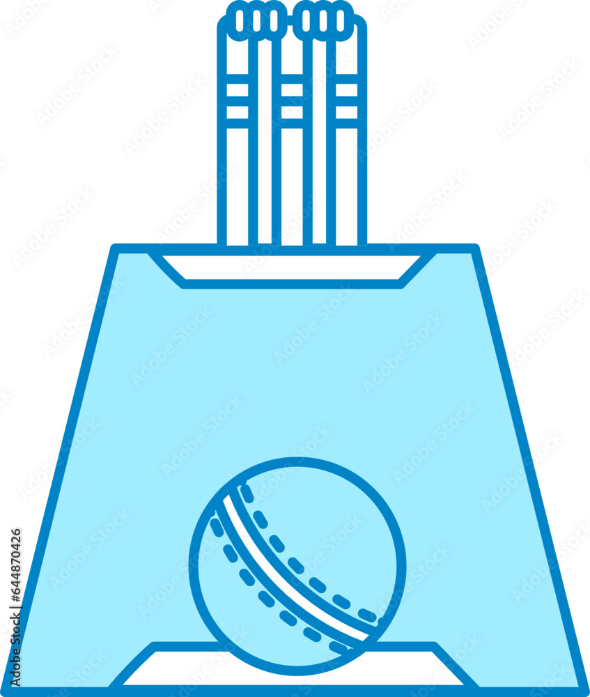 Sticker isolated cricket pitch with stump and ball icon in flat style.