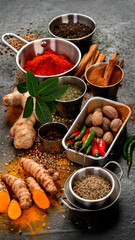 Spices on dark background. Different varius.