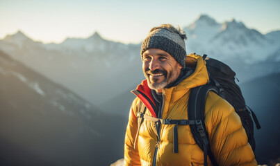 Man hiker traveling, walking in mountains under sunset light. Man traveler enjoys with backpack hiking in mountains. Travel, adventure, relax, recharge concept.

