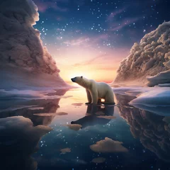 Fotobehang a scenic view from in north pole at the night, sky with aurora, polar bear at the lake, reflection, dramatic light and shadows, create using generative AI tools © Maizal