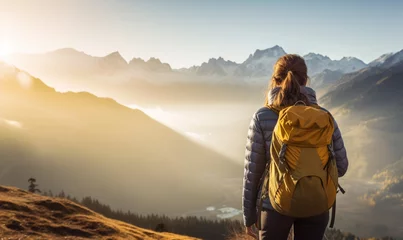 Foto op Plexiglas Dolomieten Female hiker traveling, walking alone Italian Dolomites under sunset light. Woman traveler enjoys with backpack hiking in mountains. Travel, adventure, relax, recharge concept..