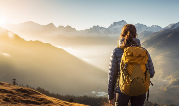 Female hiker traveling, walking alone Italian Dolomites under sunset light. Woman traveler enjoys with backpack hiking in mountains. Travel, adventure, relax, recharge concept..