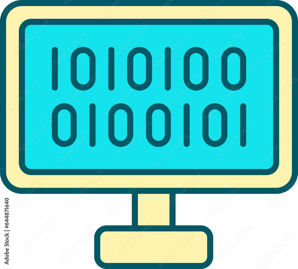 Poster binary code in desktop screen yellow and turquoise icon.