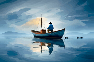 old fishing boat mist blue background stormy old fisherman illustration