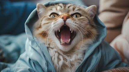 Cute cat opening its mouth wide Wear colorful winter pajamas. - Powered by Adobe