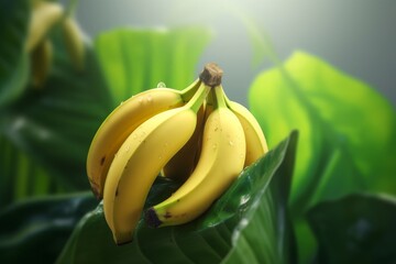 banana on green leaf background with sun light and bokeh