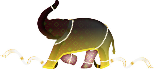 Red And Golden Square Geometric Cross Elephant Running With Ribbon On White Background.