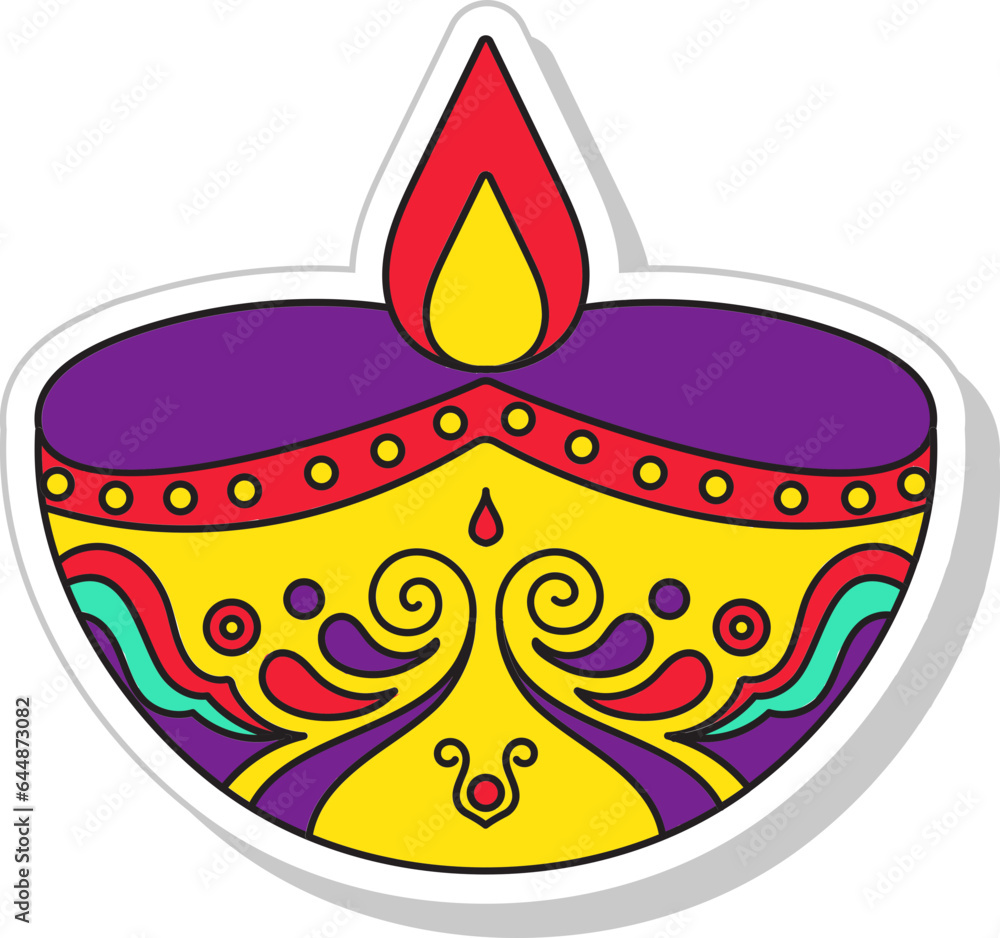 Sticker colorful lit floral diya (oil lamp) icon in sticker style.