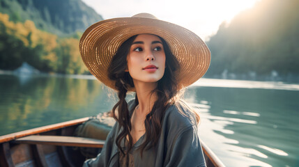 Beautiful fisherman girl with wooden boat floating in the lake beautiful nature.